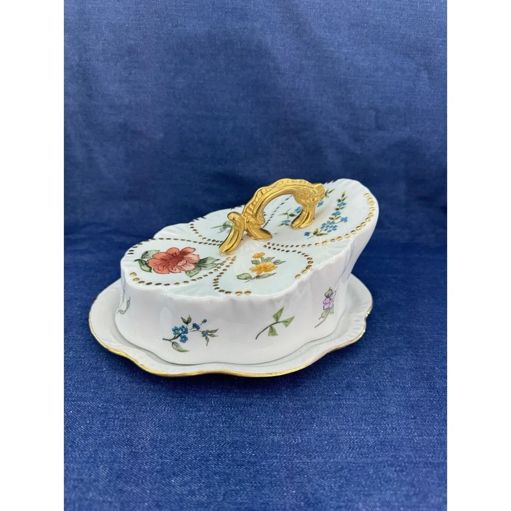 VTG Rare Covered Dish‎ & Knife Set Hand Painted Floral Signed Porcelain Ornate